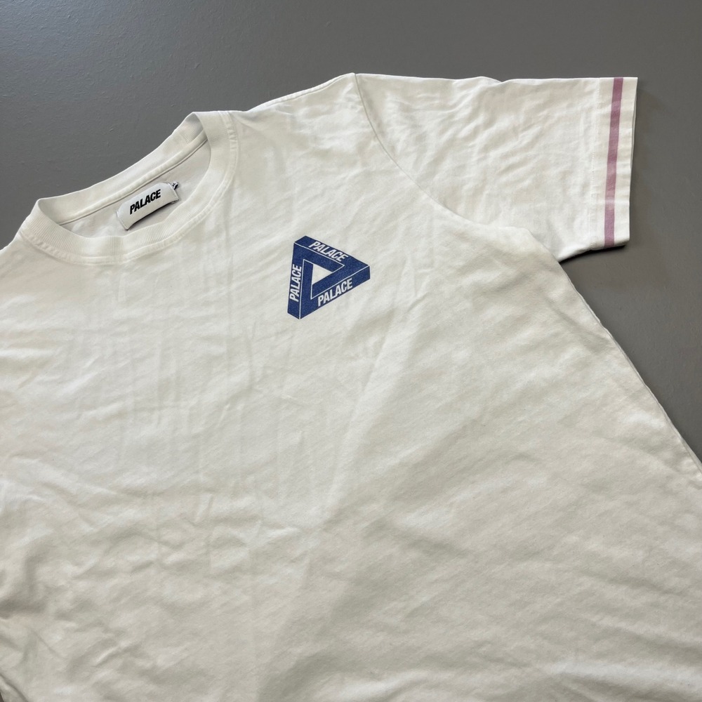 Palace T-Shirt Mens XL White Blue Tri-Ferg Logo Pink Striped Trim Streetwear - Picture 9 of 14